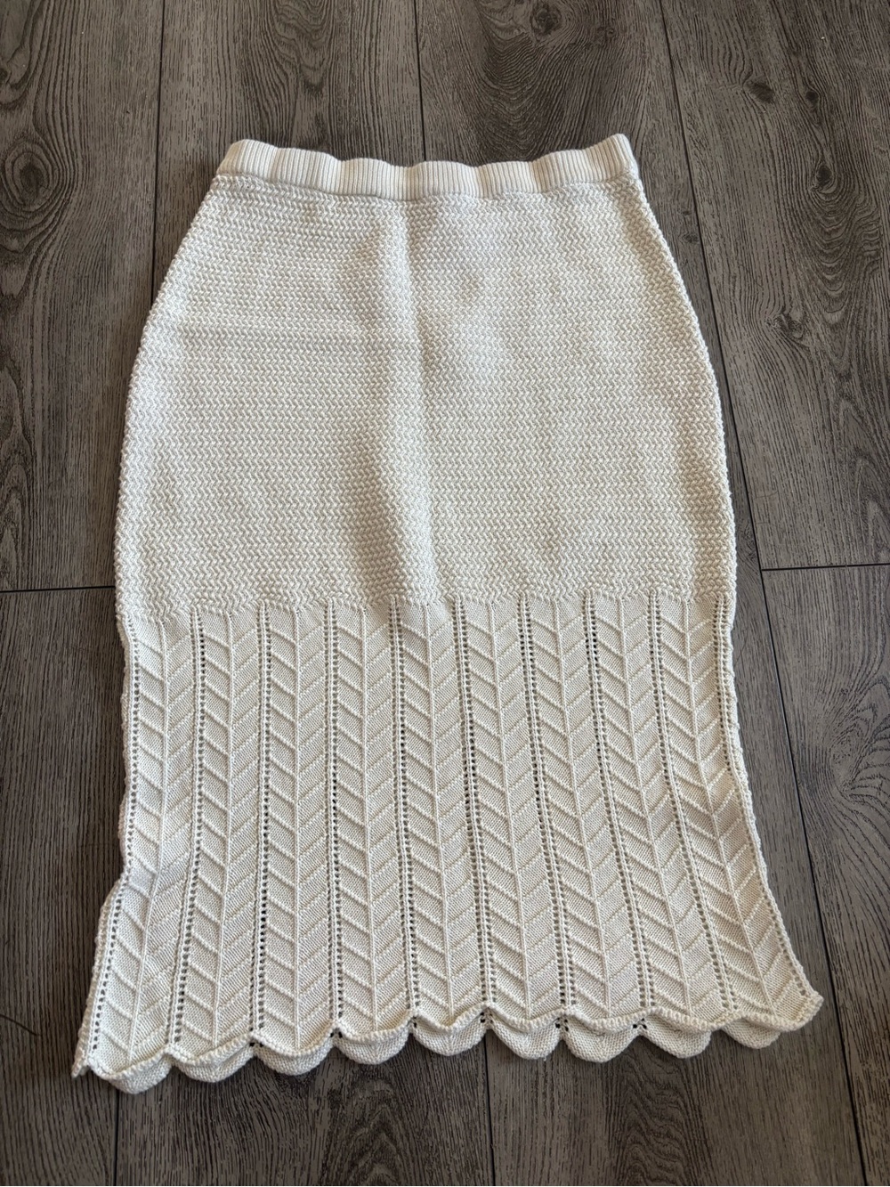 French Connection Cream Knit Midi Skirt with Chevron Lace Hem